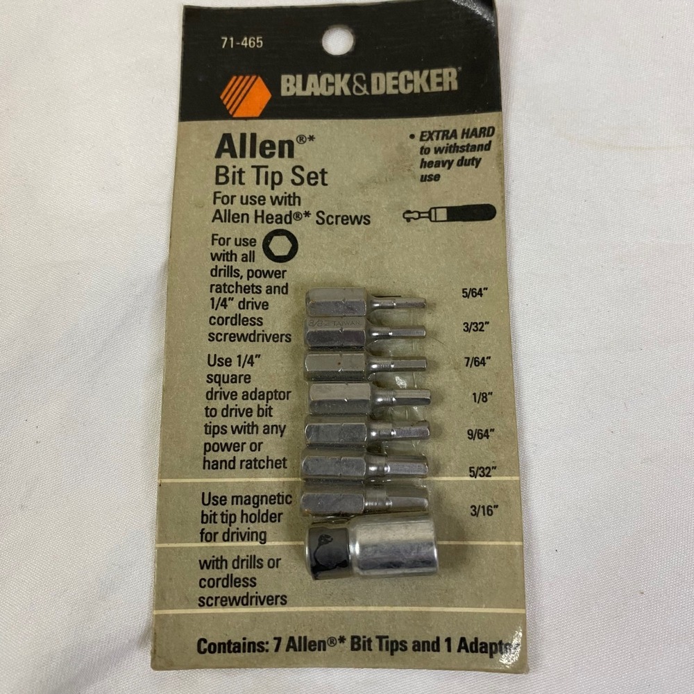 Black & Decker Allen Bit Tip Set 7-Piece Plus Adapter Extra Hard Screws New